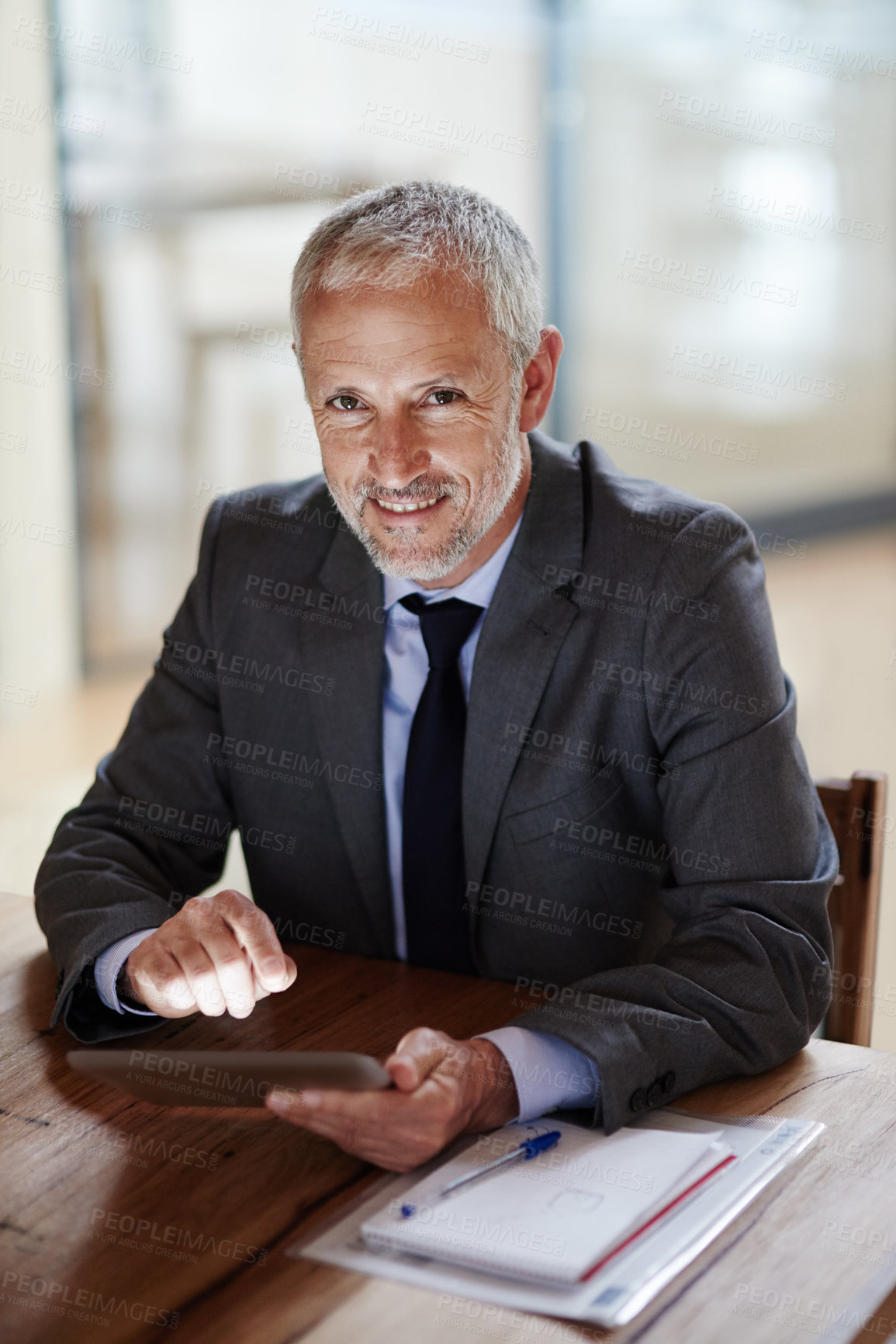 Buy stock photo Businessman, portrait and tablet for communication, networking and client development in office. Corporate lawyer, advocate and mature in law firm for conversation, legal research and review proposal