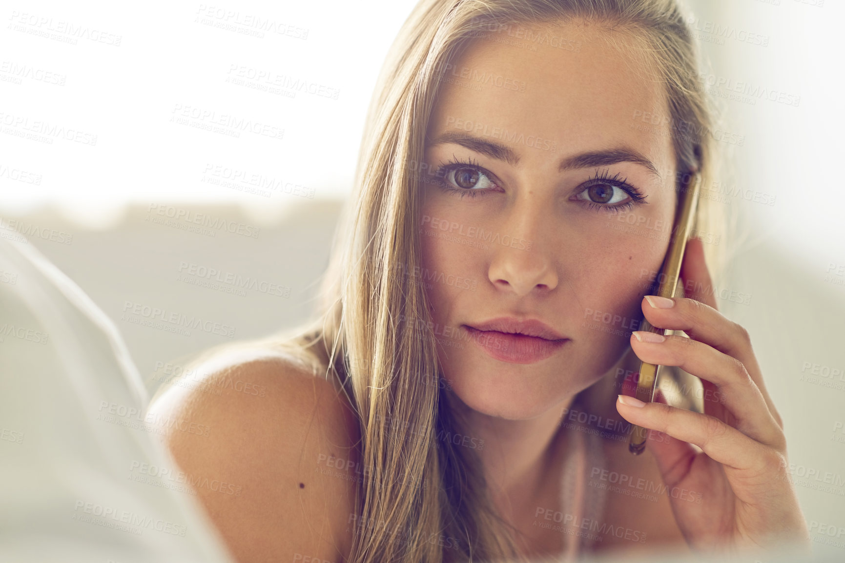 Buy stock photo Thinking, woman and phone call on bed at house for communication, feedback response and online conversation. Girl, mobile and discussion for contact, internet and connection of listen news in morning