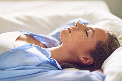 Buy stock photo Woman, sleeping and relax on bed in morning with pillow, dream and blanket for health, peace and rest. Female person, nap and chill in house on weekend for fatigue, tired and stress relief with break