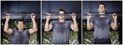 Buy stock photo Composite series of a man doing chin ups in a gym