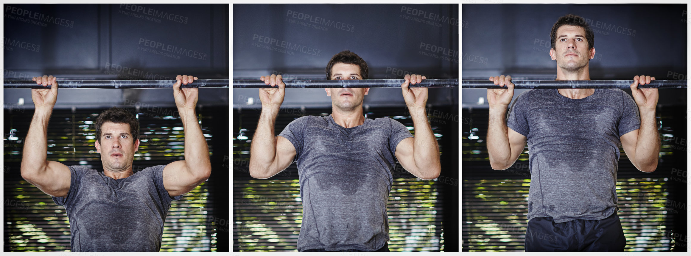 Buy stock photo Composite series of a man doing chin ups in a gym