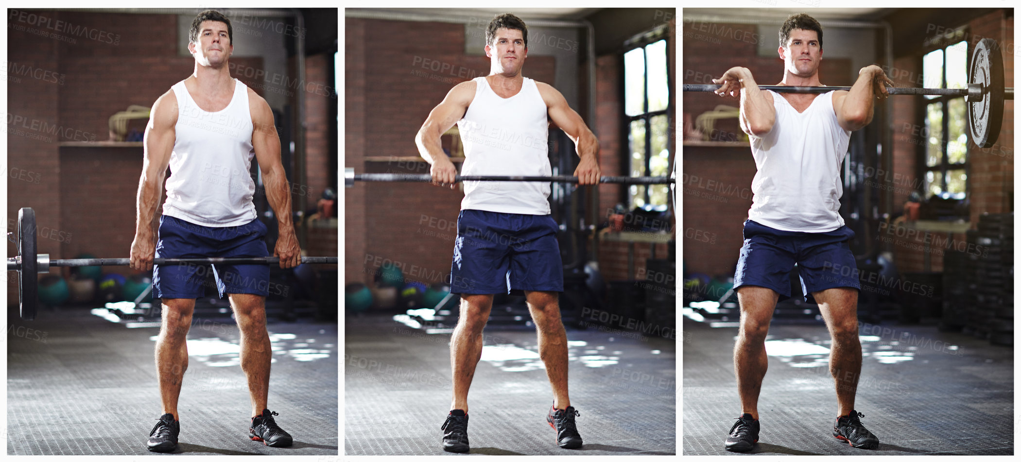 Buy stock photo Compiste series of a young man lifting weights in a gym