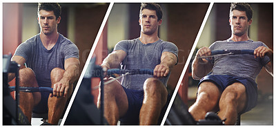 Buy stock photo Composite series of a young man working out on a rowing machine in a gym