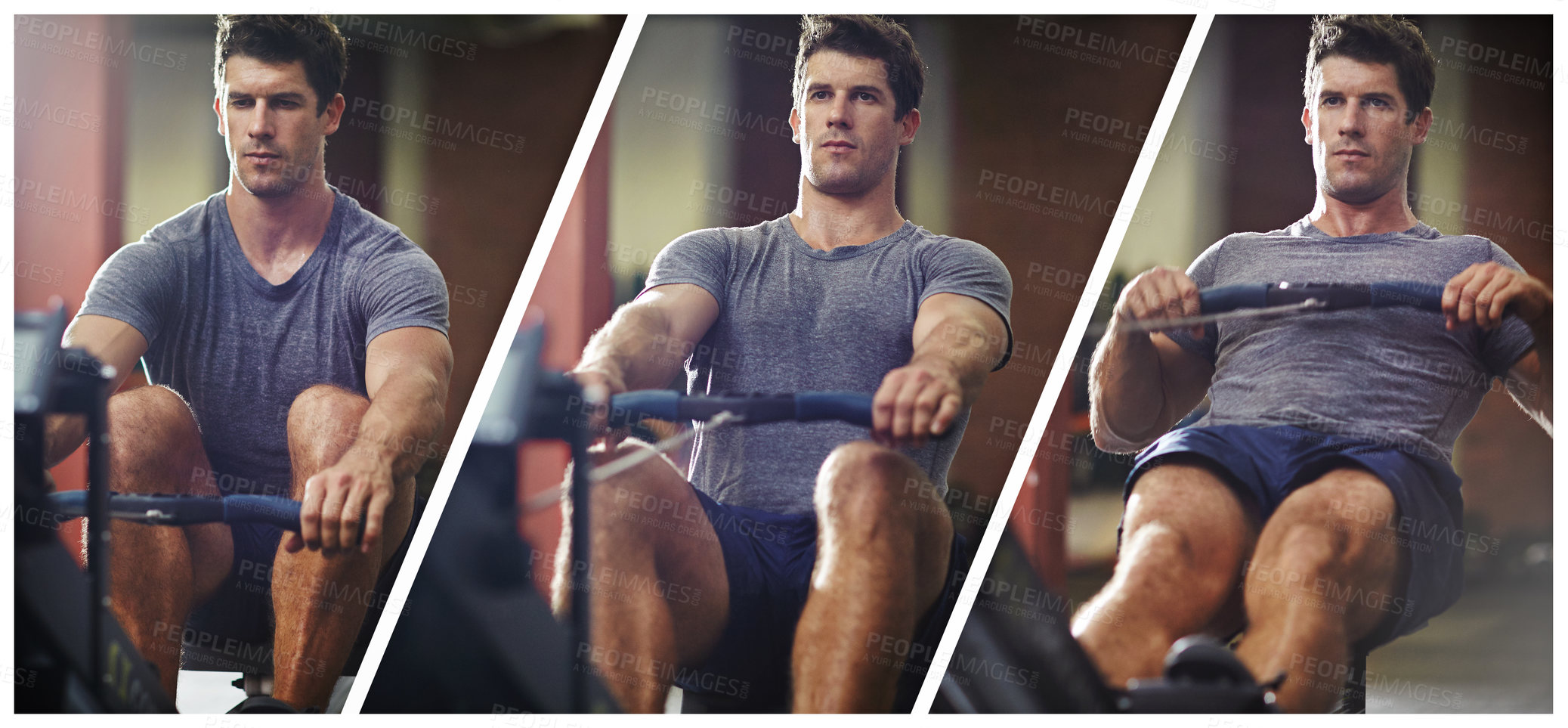 Buy stock photo Composite series of a young man working out on a rowing machine in a gym