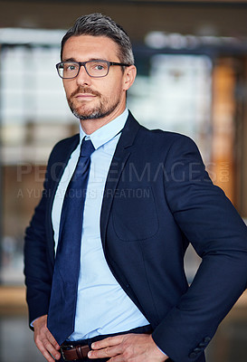 Buy stock photo Office, portrait and confident businessman with trust, opportunity and legal advisor at law firm. Lawyer, attorney and mature man with professional pride, about us and consultant at government agency