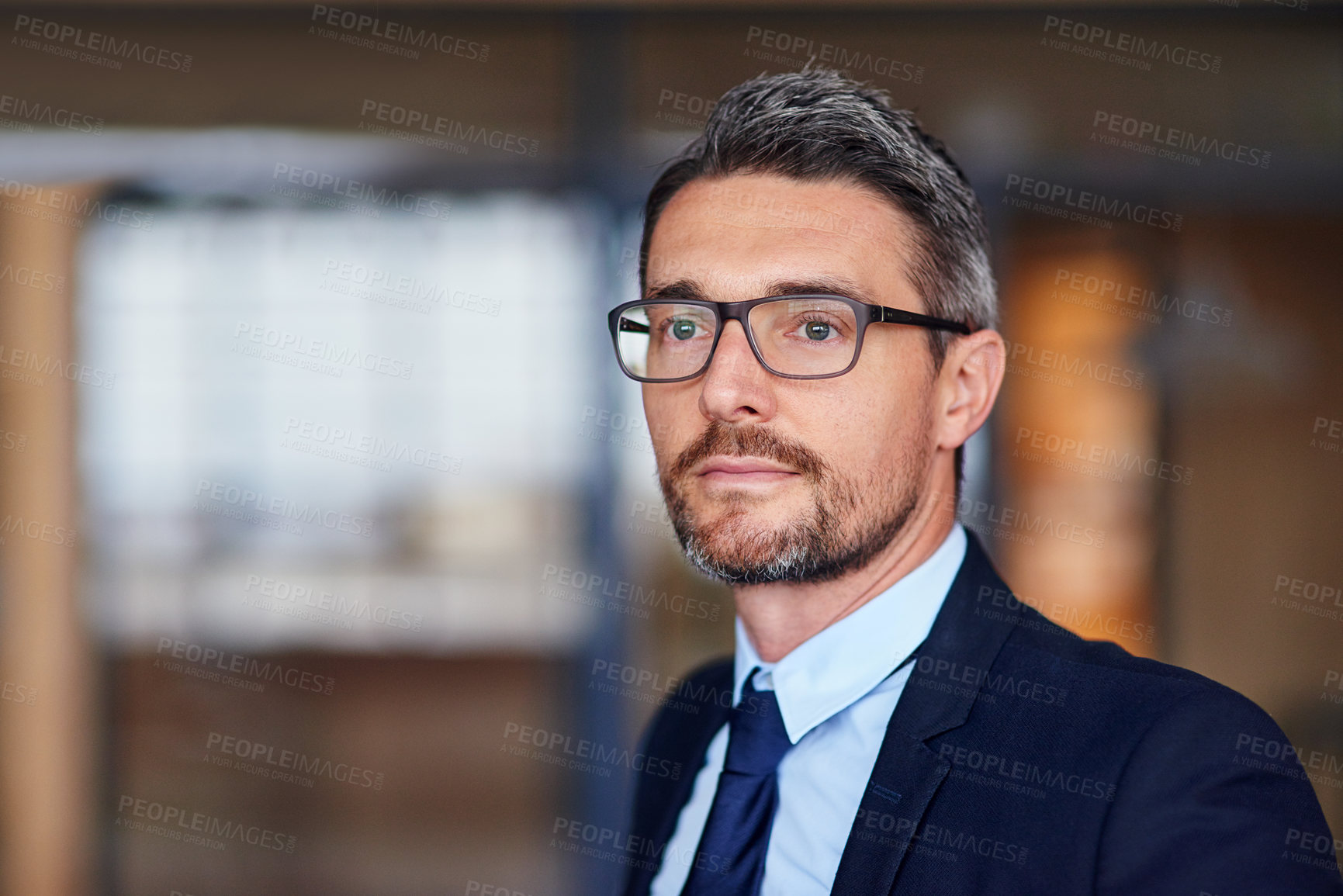 Buy stock photo Business man, thinking and office with finance, corporate and mature employee with idea for investment. Professional, job and financial consultant in lobby ready for working in executive suit 