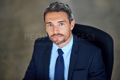 Buy stock photo Office, portrait and confident businessman in chair with trust, opportunity and advisor at law firm. Lawyer, attorney and mature man with professional pride, about us and consultant at legal agency