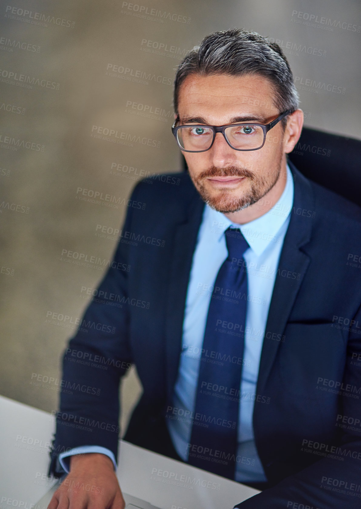 Buy stock photo Office, portrait and confident businessman at desk with opportunity, trust and legal advice at law firm. Lawyer, attorney and mature man with professional pride, about us and consultant at agency