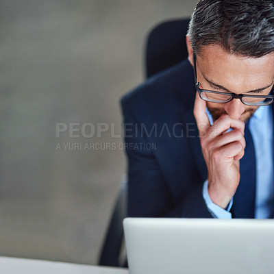 Buy stock photo Thinking, business man and laptop with investing research, investment planning and trading website. Internet, professional and office idea with online, digital and corporate employee at desk above