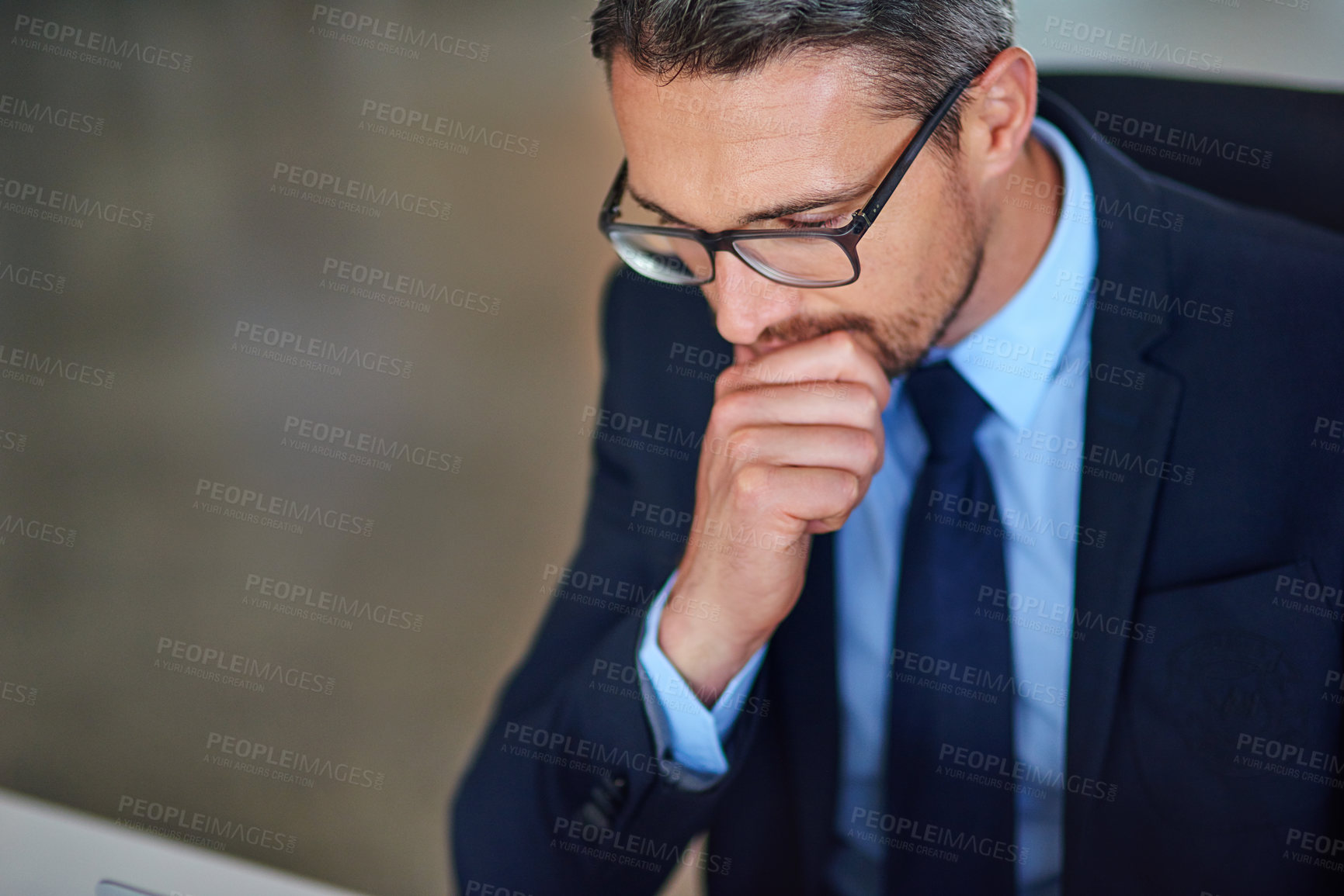 Buy stock photo Thinking, business man and computer with finance research, investment planning or trading website. Internet, professional accounting and office with online tech, digital or employee at desk with idea