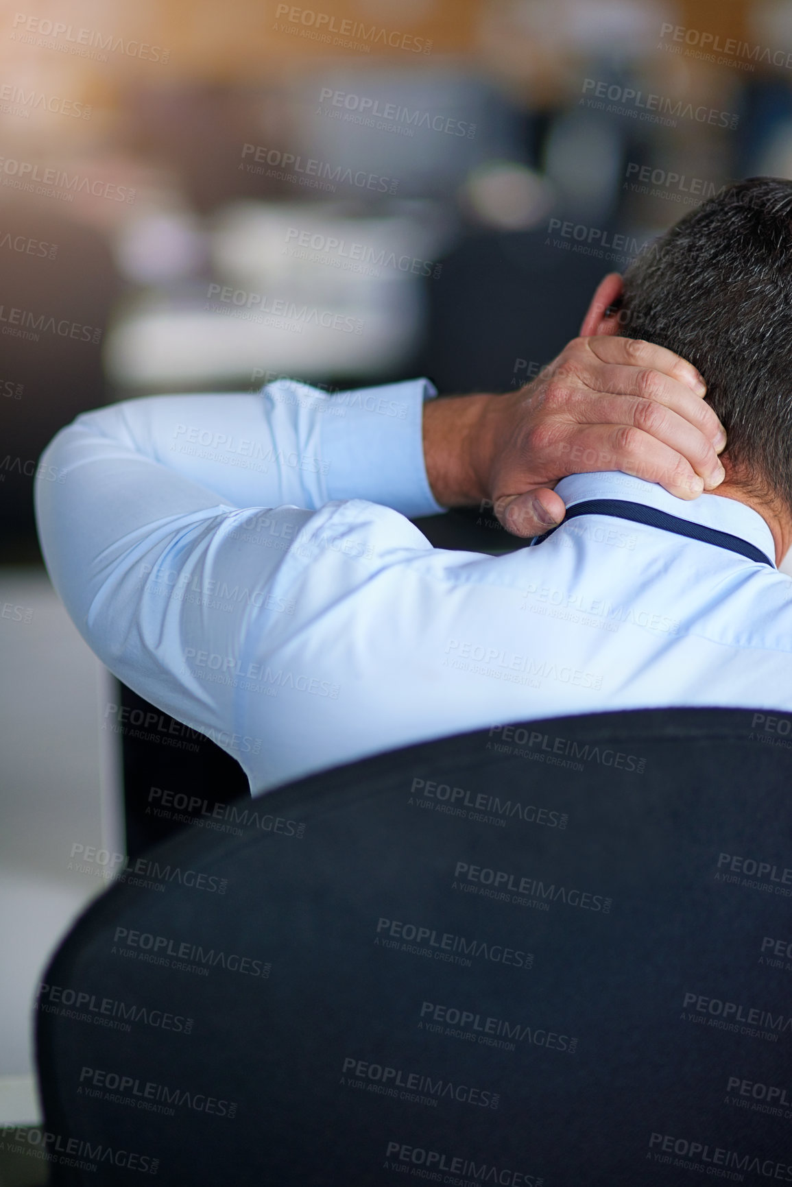 Buy stock photo Business man, hand and neck pain in office with accident, stress and injury with back for muscle fatigue. Person, employee and emergency with burnout, tired and massage for relief in workplace