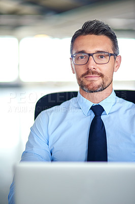 Buy stock photo Laptop, mature and portrait of business man in office for research, website and browse internet. Corporate, professional and person on computer working on online project, finance report and review