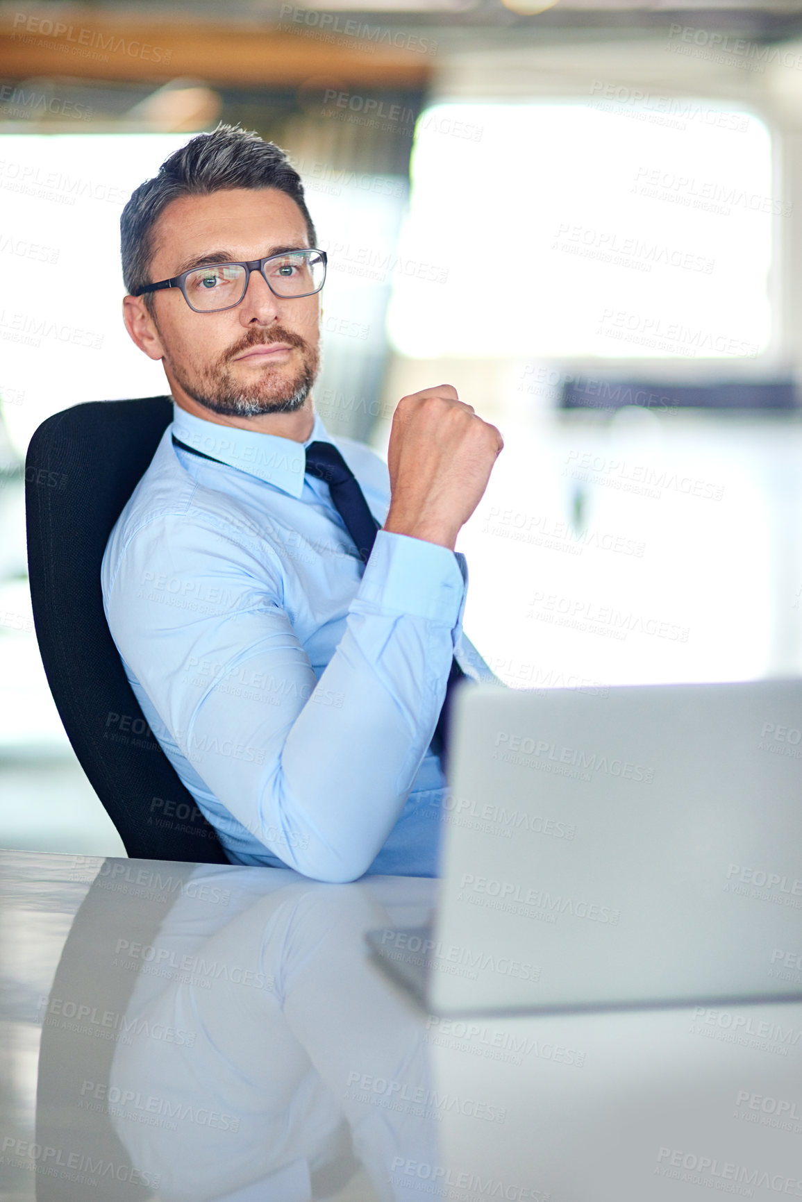 Buy stock photo Computer, portrait and mature business man in office for research, website and internet for project. Corporate, professional and person on laptop for stock market trading, finance report and review