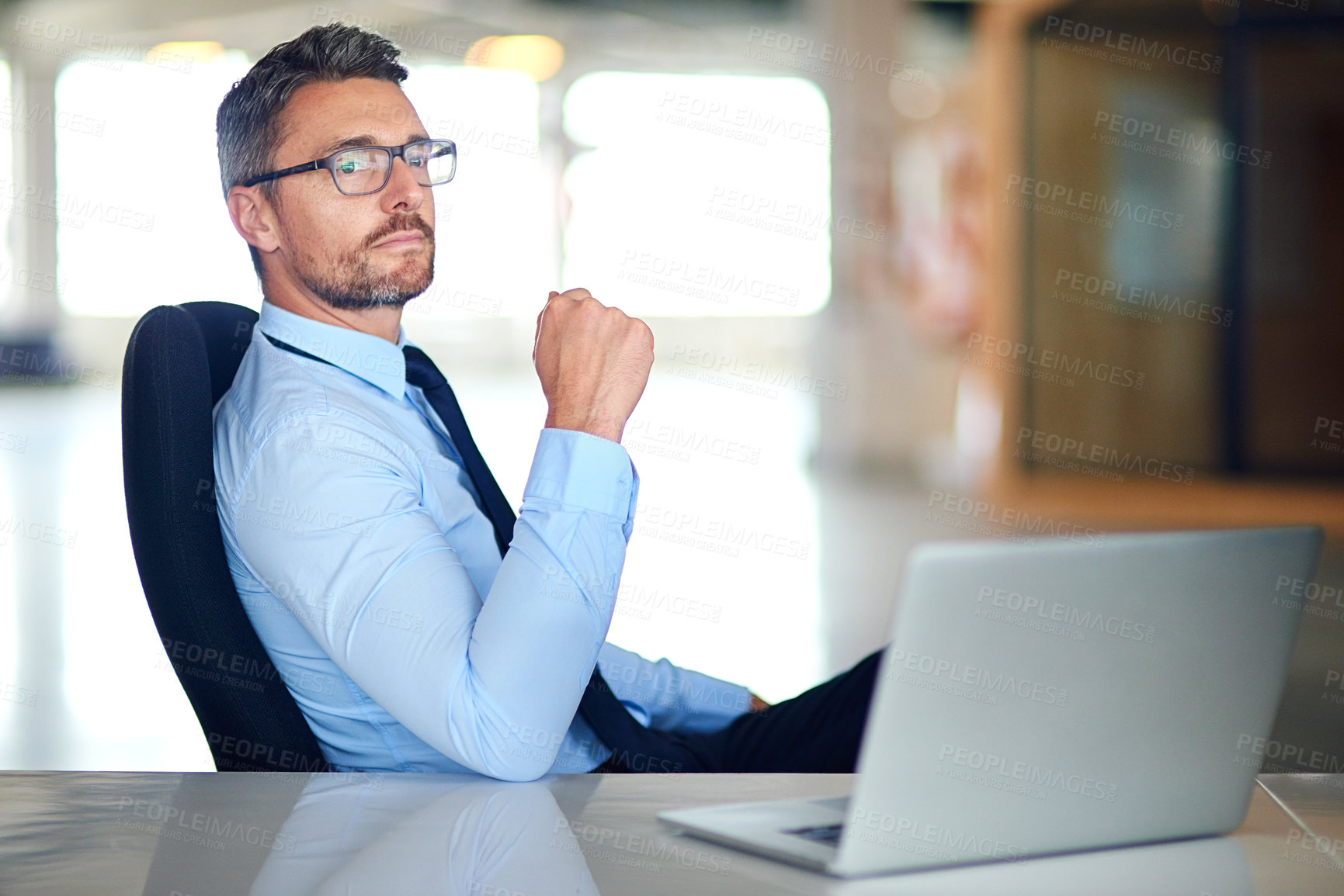 Buy stock photo Laptop, thinking and mature business man in office for research, website and internet for planning. Corporate, professional and person on computer with ideas for project, finance report and review