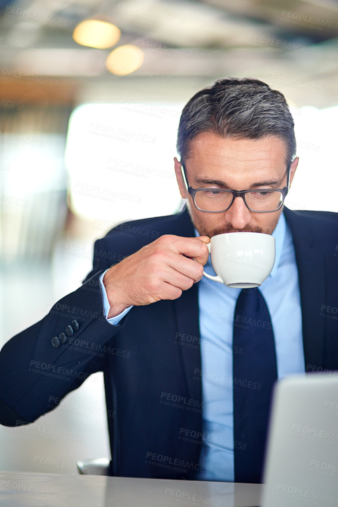 Buy stock photo Businessman, laptop and drinking coffee or finance research with morning email, project planning or office. Male person, networking and tech entrepreneur or company founder, caffeine or connectivity