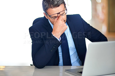 Buy stock photo Business, stress or man with a headache, laptop or stock market crisis with error, sales or bankruptcy. Male person, ceo or employee with a pc, migraine or depression with risk management or burnout