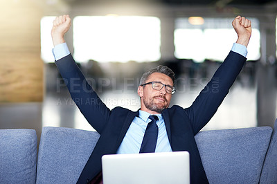 Buy stock photo Businessman, laptop and tired stretching on office sofa for project deadline or overworked, burnout or online. Male person, couch and resting break for entrepreneur fatigue or email, report or relax