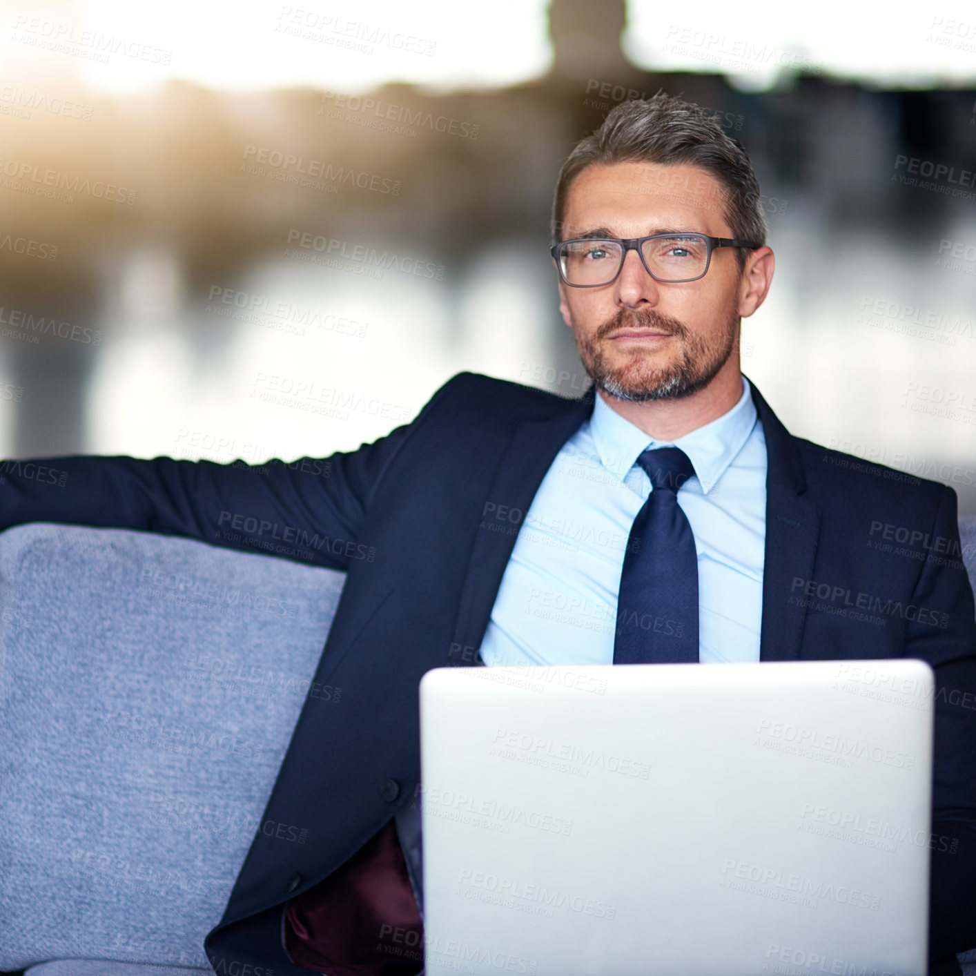 Buy stock photo Businessman, portrait and laptop as corporate finance consultant or accounting, advice or confidence. Male person, face and investment budget or online connectivity for trading, economy or review