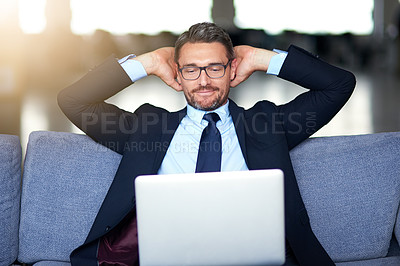 Buy stock photo Business, man and relax on sofa with laptop in office, working break and employee done for online project. Happy, company and corporate job in workplace, email and report submission for target