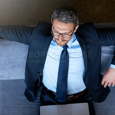 Buy stock photo Businessman, couch and startup thinking or financial review with laptop as tech founder, entrepreneur or decision. Male person, sofa and budget thoughts for future planning or growth, report or goals