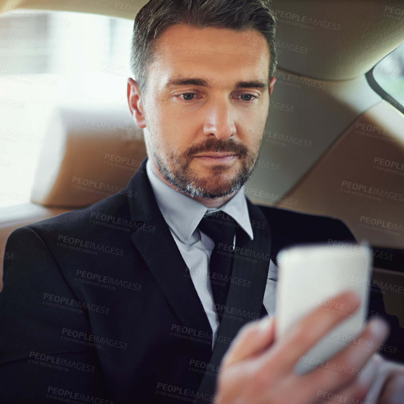 Buy stock photo Mature businessman, phone typing and online map for directions, travel and morning commute in car. Senior guy, ceo and mobile app with gps notification in motor for location, route info and work trip