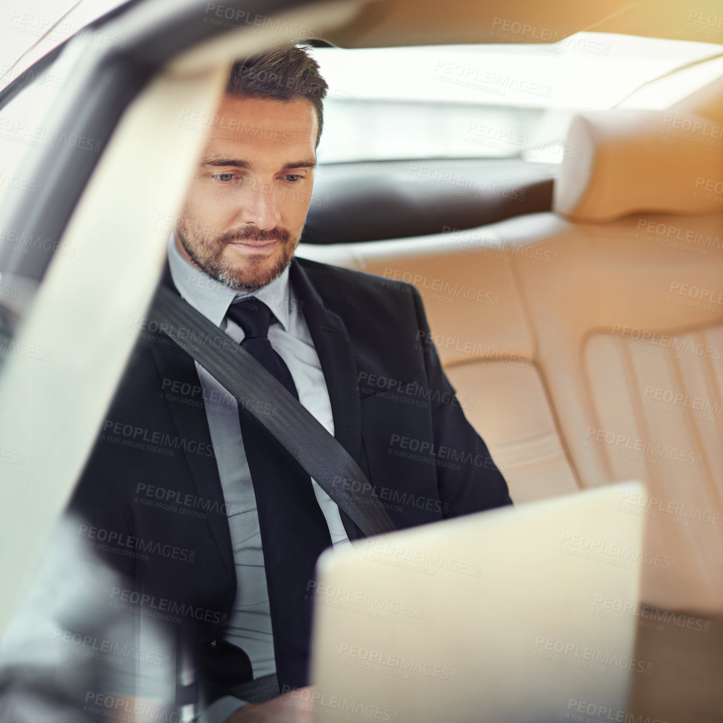 Buy stock photo Cropped shot of a businessman in the backseat of a car