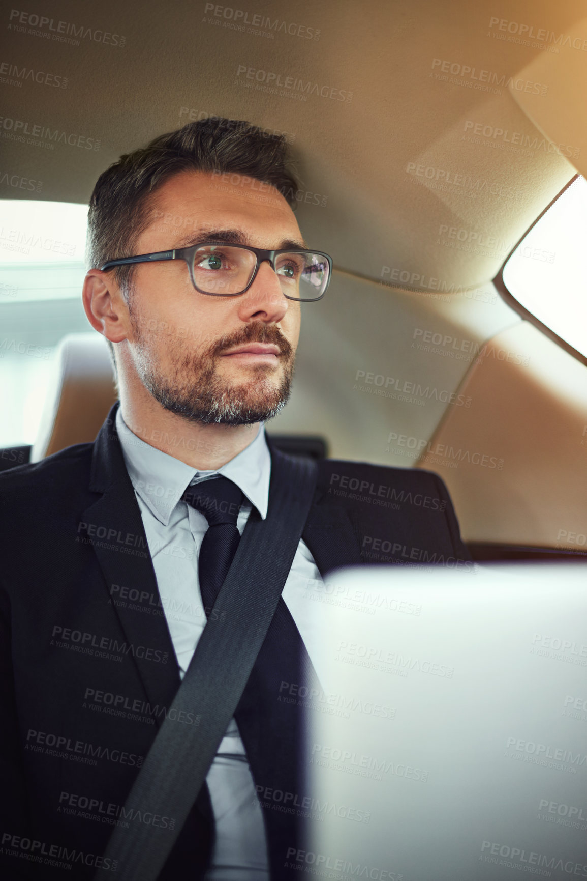 Buy stock photo Thinking, driving and businessman in car for travel in city to work with memory, dreaming or reflection. Planning, brainstorming and male lawyer with glasses in vehicle for commute in town in Canada.