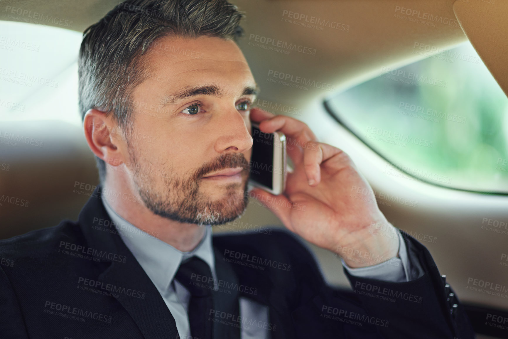 Buy stock photo Business man, phone call and travel in car with thinking, networking or decision for company. Person, vehicle and smartphone on ride, transportation and listen with chat in negotiation for agreement