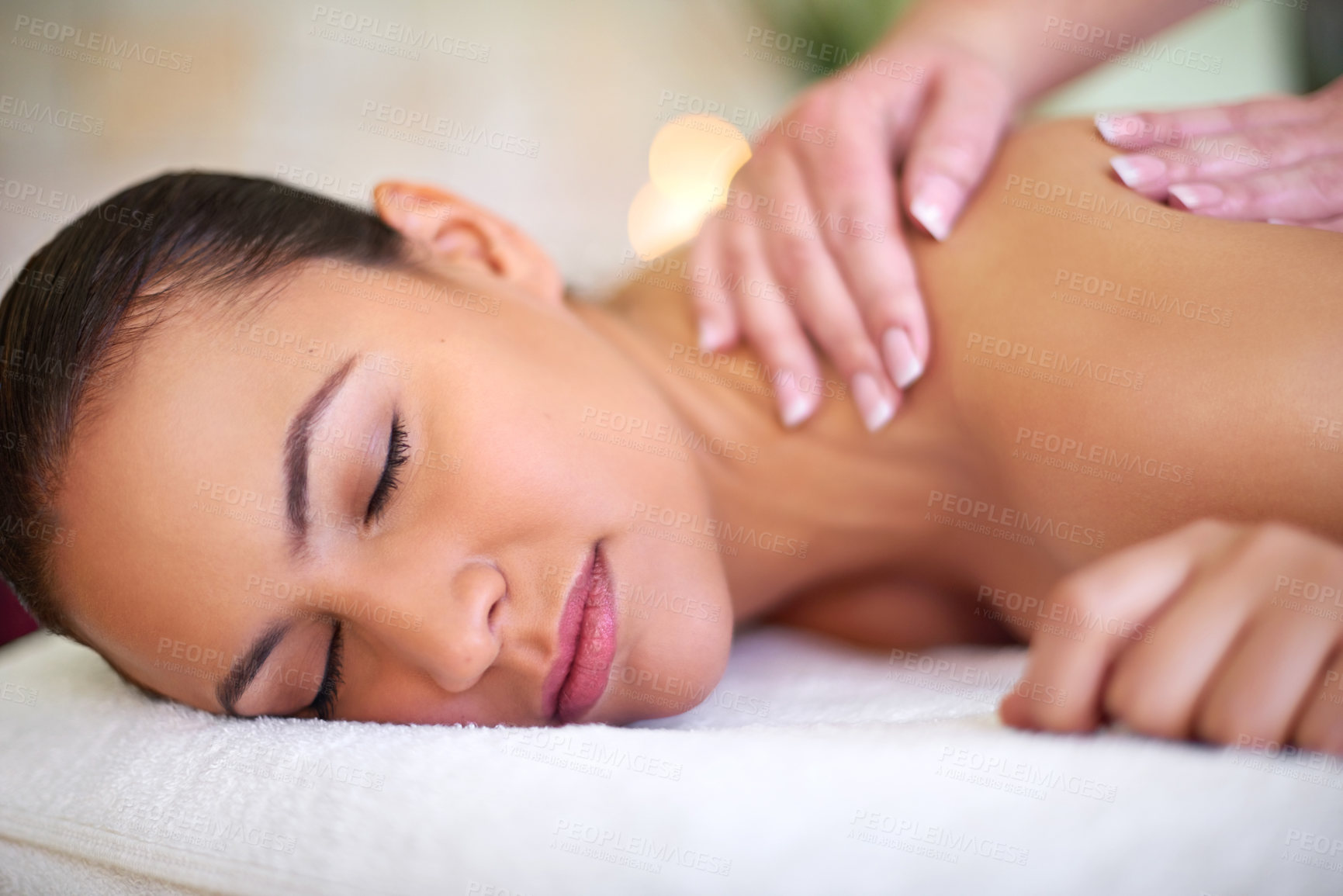 Buy stock photo Resting, girl or hands in back massage for wellness, body circulation treatment or muscle recovery. Masseuse, woman or break for soothing therapy, holistic healing and detox service at beauty spa