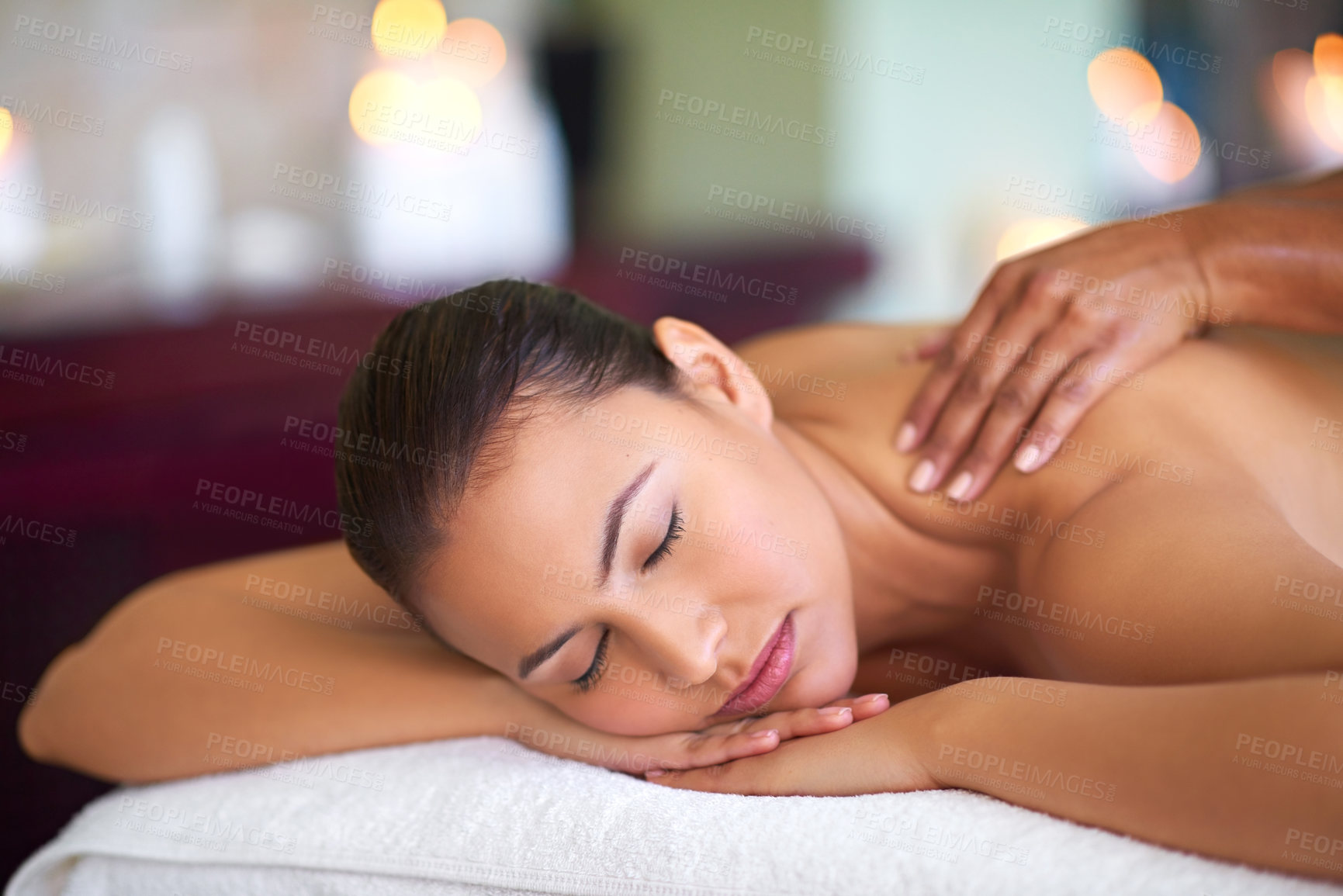 Buy stock photo Resting, girl or hands in back massage for muscle recovery, body circulation treatment or wellness. Masseuse, woman or break for soothing therapy, holistic healing and detox service at beauty spa