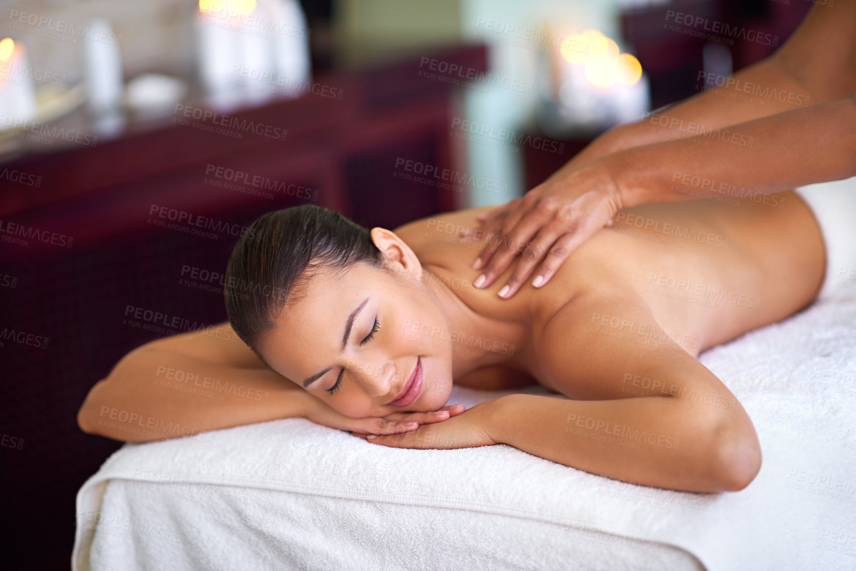 Buy stock photo Resting, woman or hands in back massage for muscle recovery, body circulation treatment or wellness. Masseuse, client or break for soothing therapy, holistic healing and detox service at beauty spa