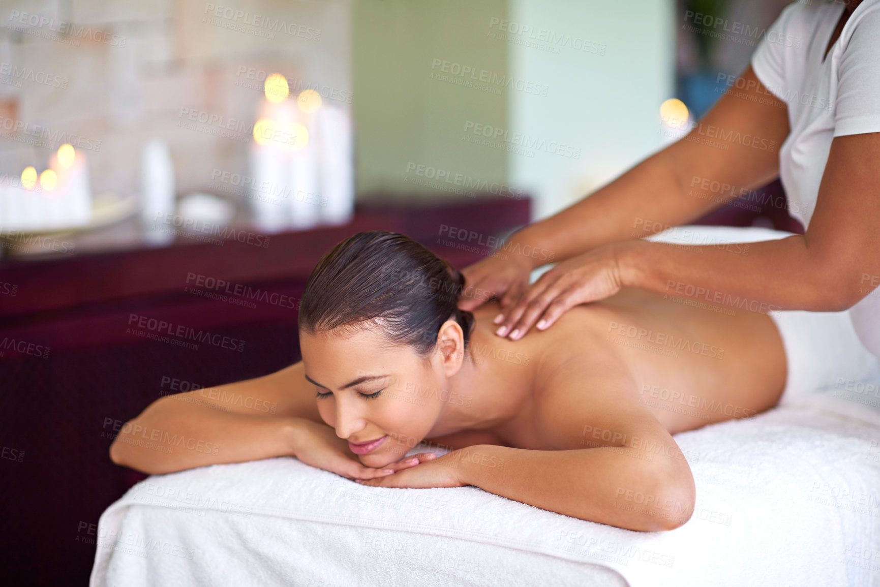 Buy stock photo Woman, client or hands in back massage for recovery, body circulation treatment or wellness. Masseuse, resting or break for soothing muscle therapy, holistic healing and detox service at beauty spa