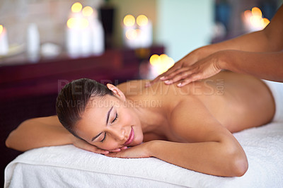 Buy stock photo Woman, relax or hands in back massage for recovery, body circulation treatment or resting. Masseuse, client or girl on break for soothing muscle therapy, holistic healing and detox service at spa