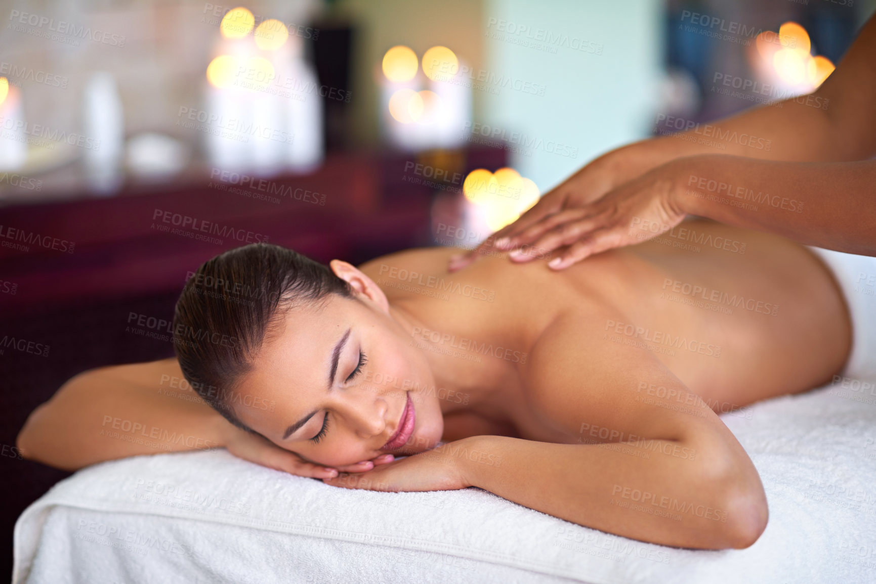 Buy stock photo Woman, relax or hands in back massage for recovery, body circulation treatment or resting. Masseuse, client or girl on break for soothing muscle therapy, holistic healing and detox service at spa