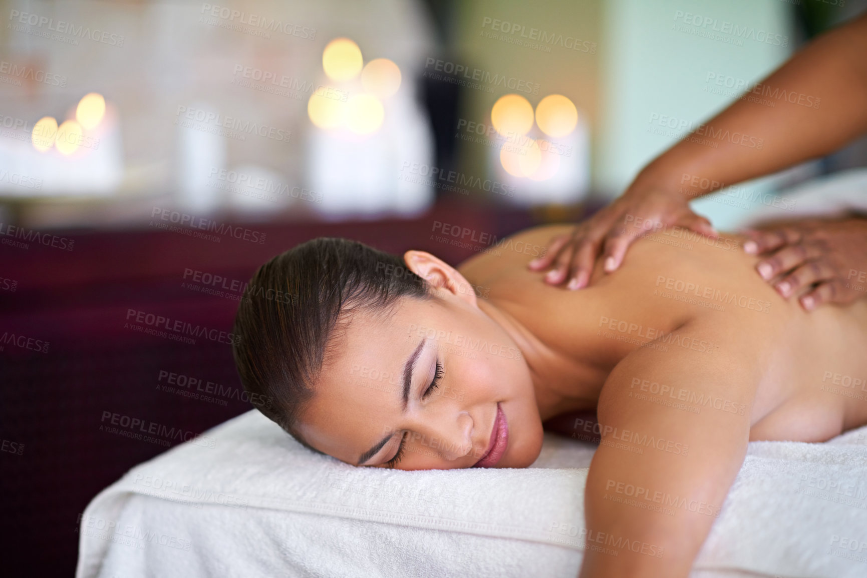 Buy stock photo Woman, customer or hands in back massage for recovery, body circulation treatment or resting. Masseuse, relax or client on break for soothing muscle therapy, holistic healing and detox service at spa