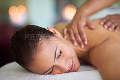 Buy stock photo Woman, customer or hands in back massage for detox service, body circulation treatment or resting. Masseuse, relax or client on break for soothing muscle therapy, holistic healing and recovery at spa