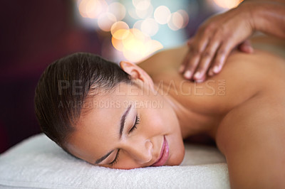 Buy stock photo Woman, relax or hands in back massage for healing service, body circulation treatment or resting. Masseuse, vacation or client on break for soothing muscle therapy, holistic detox and recovery at spa