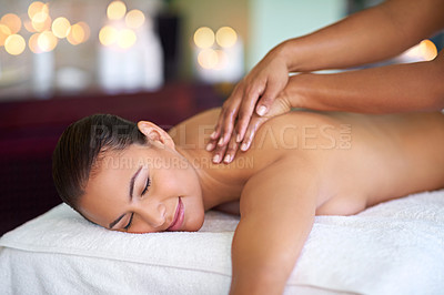 Buy stock photo Woman, holiday or hands in back massage for resting, healing service or body circulation treatment. Masseuse, relax or client on break for soothing muscle therapy, holistic detox and recovery at spa