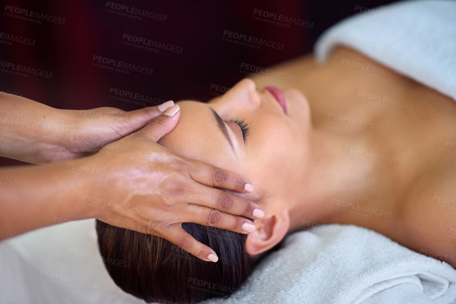 Buy stock photo Head massage, cosmetic and woman at spa for holistic scalp nourishment, healing or stress relief. Calm, skin therapy and hands on female person for facial therapeutic treatment at wellness salon.