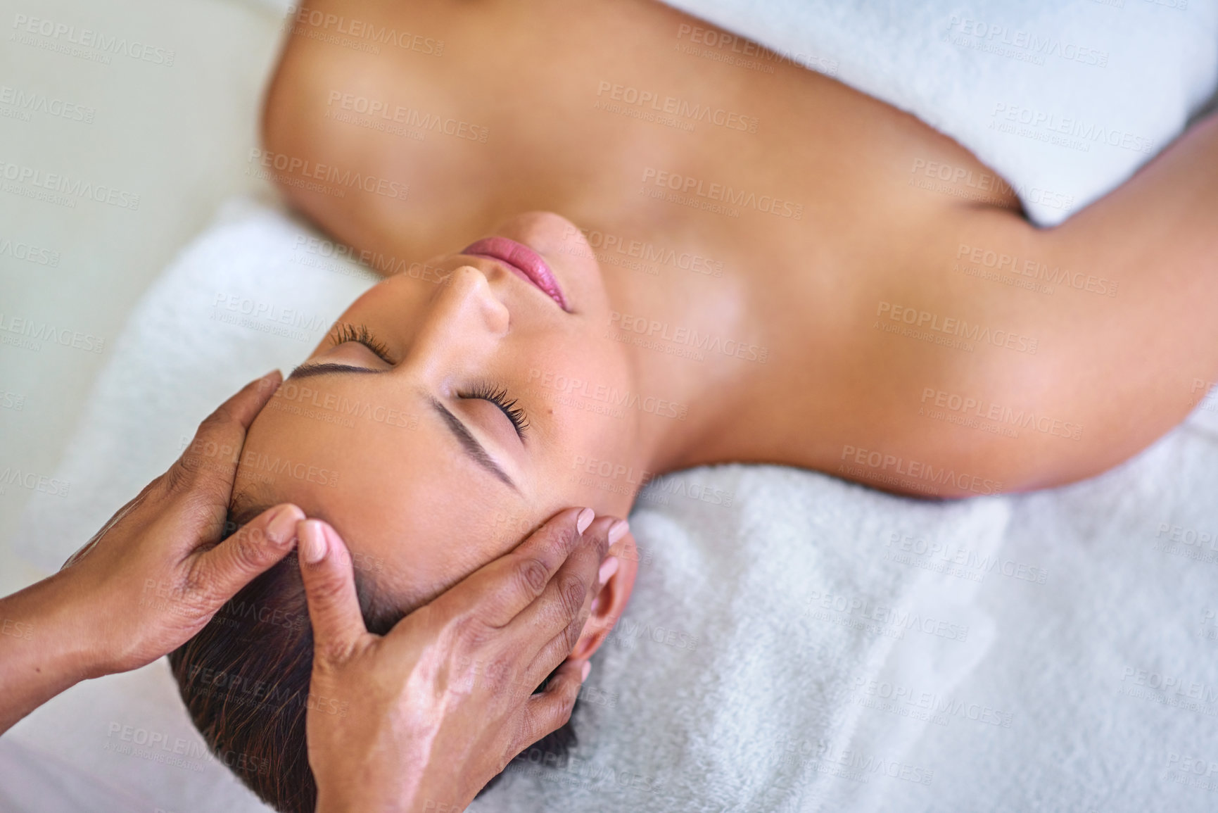 Buy stock photo Head massage, peace and woman at spa for holistic scalp nourishment, healing or stress relief. Calm, skin therapy and hands on female person for facial therapeutic treatment at wellness salon.