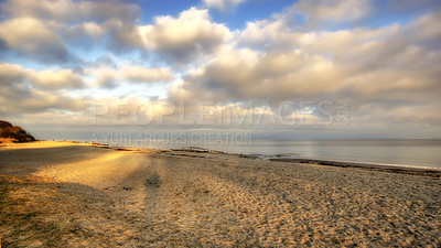 Buy stock photo Beach, horizon and shoreline with sand, clouds or vacation trip with water and environment to relax. Brazil, outdoor or view of island, sea and ocean in Rio de Janeiro with destination for travel