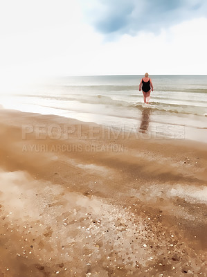 Buy stock photo Walking, back view and ocean with woman on sand for vacation and environment to relax. Adventure, explore and female person in Brazil on island, sea and beach in Rio de Janeiro destination for travel