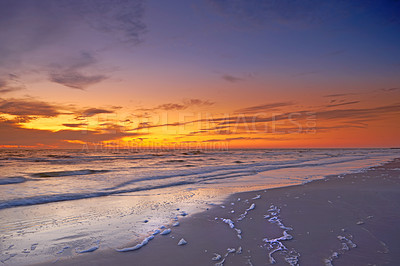 Buy stock photo Ocean, horizon and shoreline with sunset, blue sky or sand for vacation and environment to relax. Brazil, landscape and view of island, sea and beach in Rio de Janeiro with destination for travel 