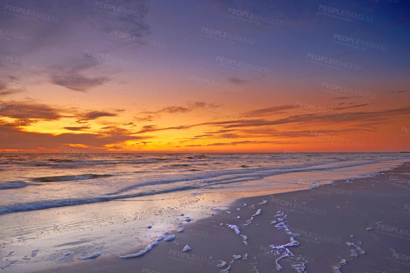 Buy stock photo Ocean, horizon and shoreline with sunset, blue sky or sand for vacation and environment to relax. Brazil, landscape and view of island, sea and beach in Rio de Janeiro with destination for travel 