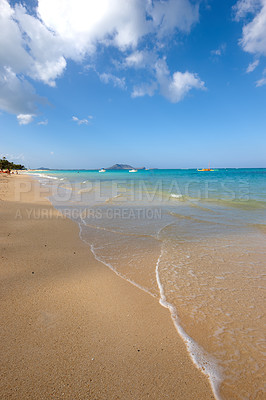 Buy stock photo Beach, shoreline or island with sand, blue sky or paradise for vacation or environment to relax. Brazil, harmony or outdoor view of water, sea or ocean in Rio de Janeiro with destination for travel