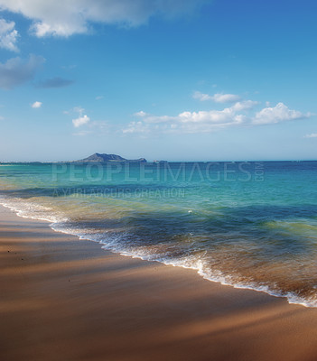 Buy stock photo Beach, shoreline or island with nature, blue sky or paradise for vacation or environment to relax. Brazil, sand or outdoor view of water, sea or ocean in Rio de Janeiro with destination for travel