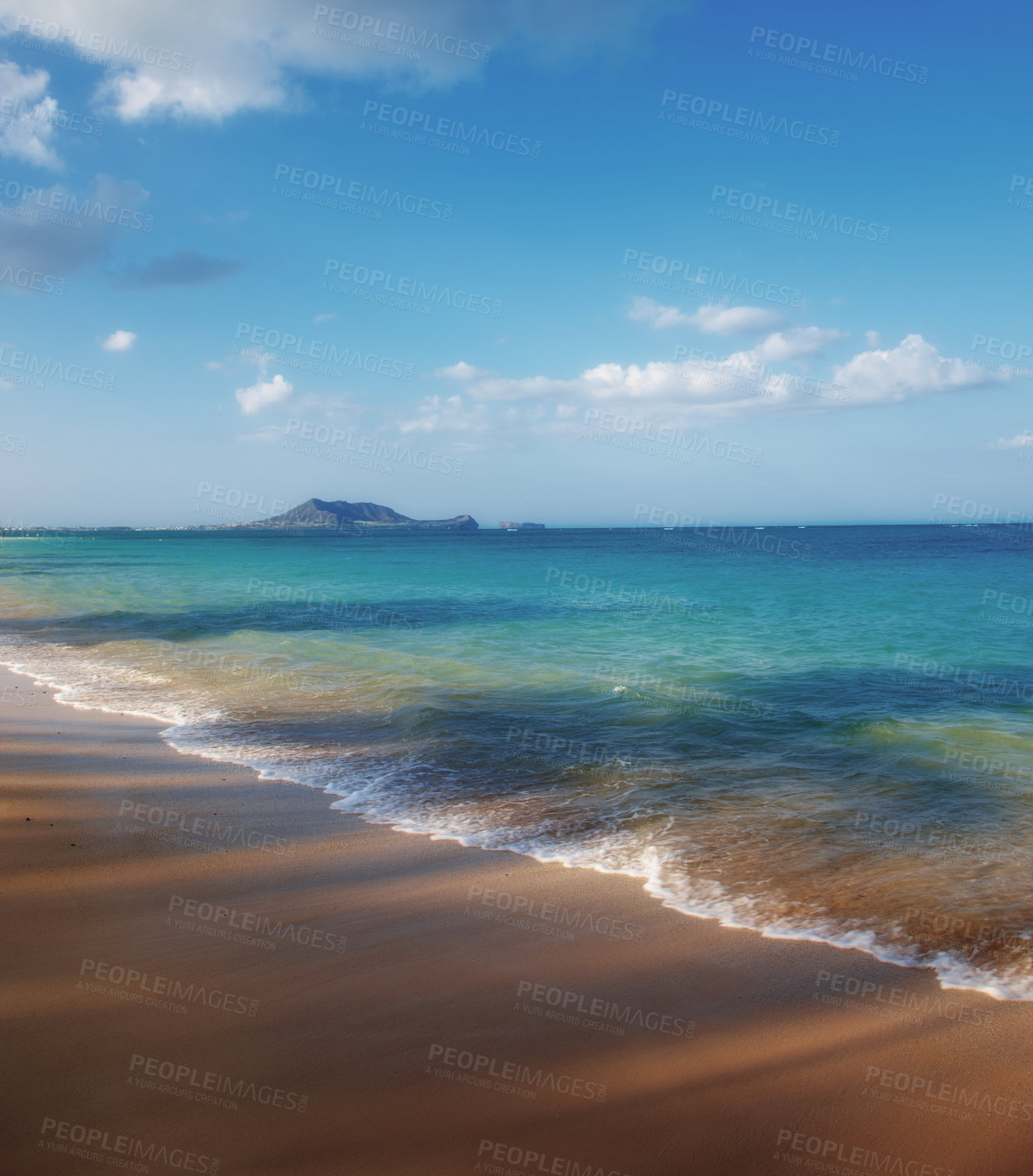 Buy stock photo Beach, shoreline or island with nature, blue sky or paradise for vacation or environment to relax. Brazil, sand or outdoor view of water, sea or ocean in Rio de Janeiro with destination for travel