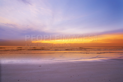 Buy stock photo Ocean, horizon and landscape with sunset, clouds or sky for vacation trip and environment to relax. Brazil, paradise and view of island, sea and beach in Rio de Janeiro with destination for travel