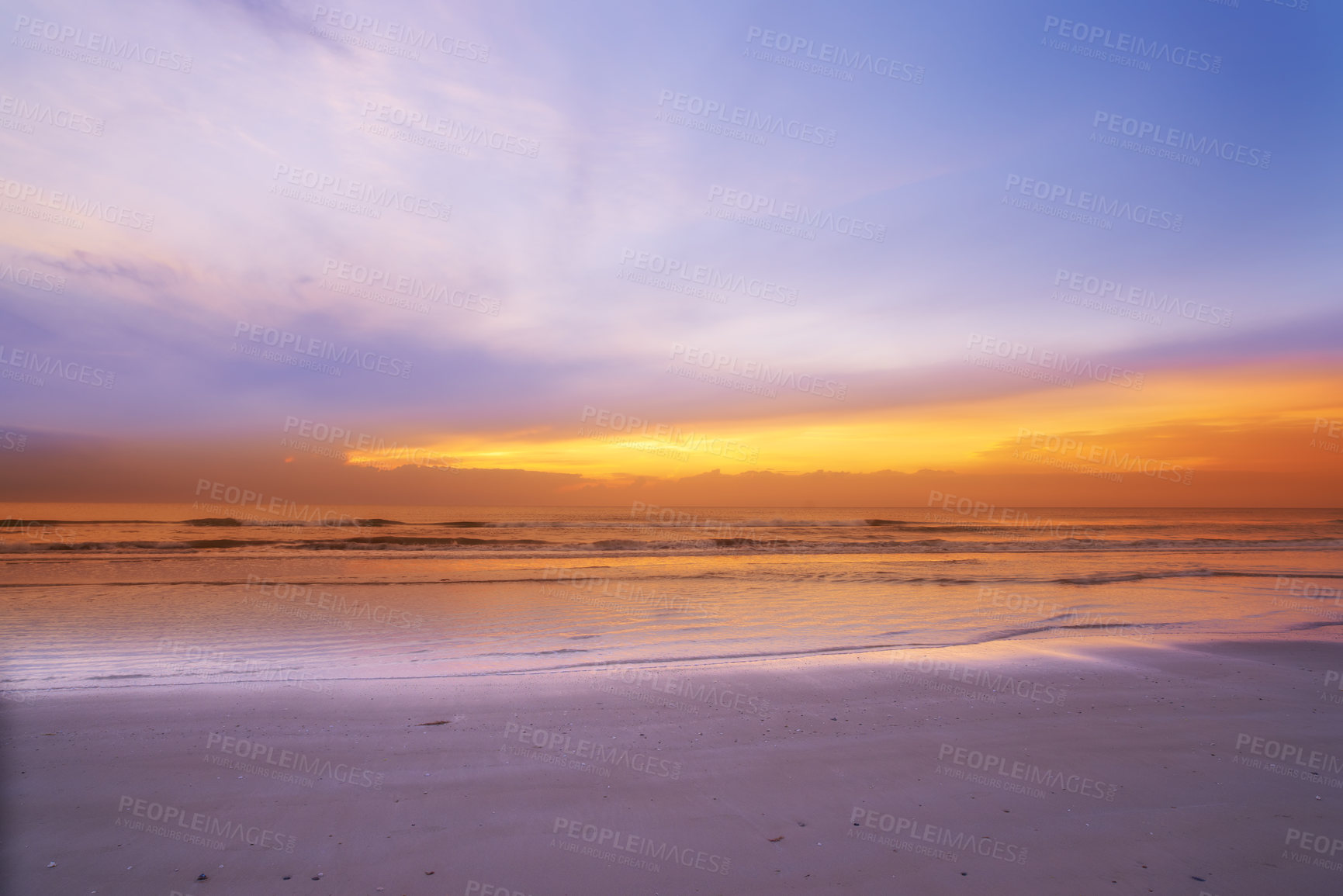 Buy stock photo Ocean, horizon and landscape with sunset, clouds or sky for vacation trip and environment to relax. Brazil, paradise and view of island, sea and beach in Rio de Janeiro with destination for travel