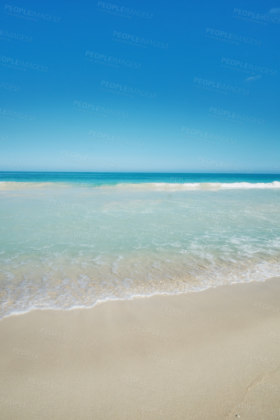 Buy stock photo Beach, shoreline or space with sand, blue sky or paradise for vacation or environment to relax. Brazil, mockup or nature view of water, sea and ocean in Rio de Janeiro with destination for travel